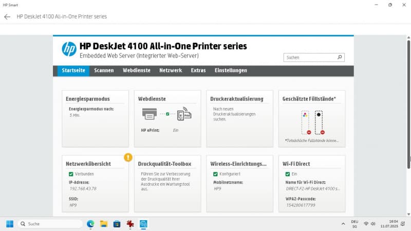Drucker HP DeskJet 4122e All-in One (USB & WLAN)