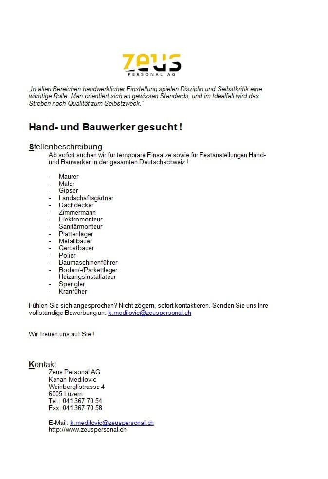 Temporäreinsätze und Festanstellungen
