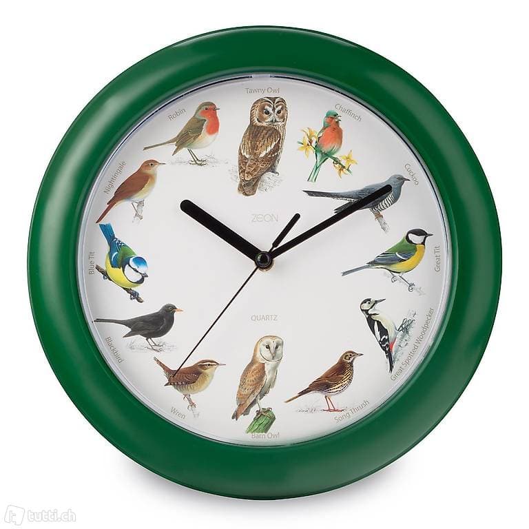 Wanduhr mit Vogelstimmen in Silber, Grün o. Braun