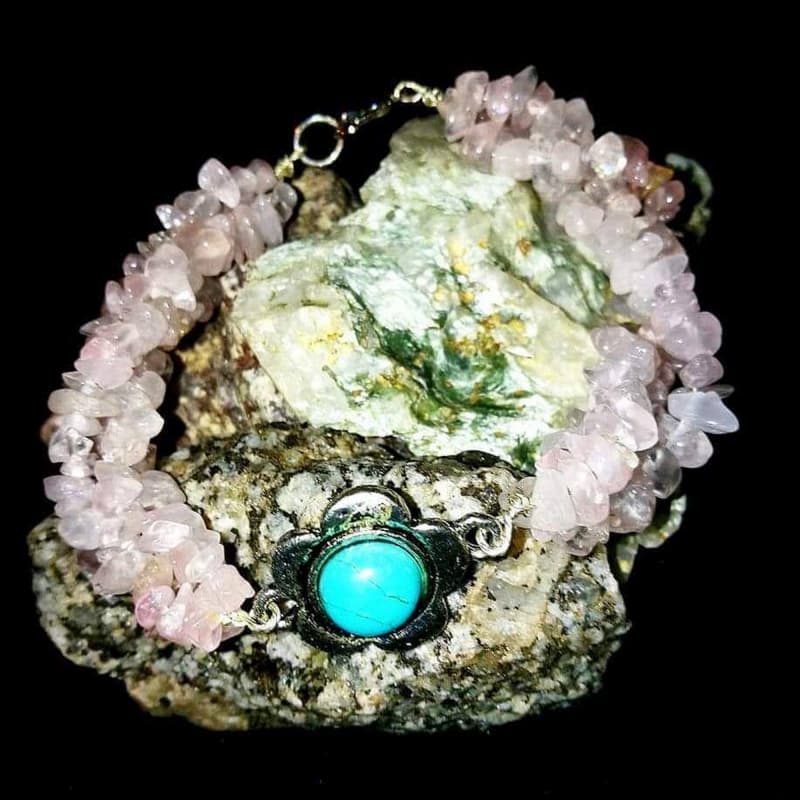 Armband "Rosen-Zwirbel" - Handmad (Rosenquarz, Türkis, Silber)