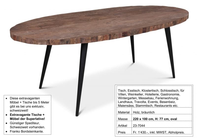 Tisch, Holz, oval 4 Beine filigran 220 x 100 cm