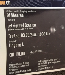 Ed Sheeran Ticket 03.08.2018 letzigrund
