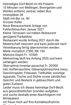 Gemütliche Dorf-Beiz mit Sääli/Bar in AG-Niederwil