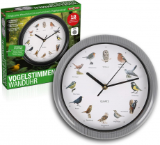 Wanduhr mit Vogelstimmen in Silber, Grün o. Braun