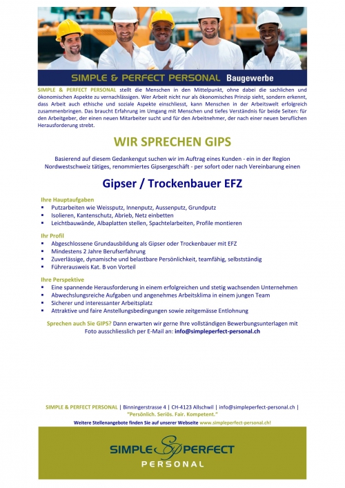 Gipser/Trockenbauer EFZ, Zimmermann EFZ, Maler EFZ, Gärtner/In