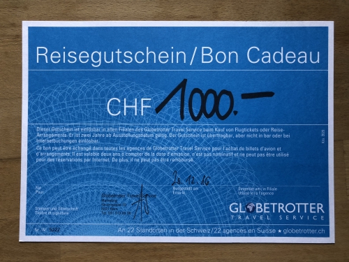 Reisegutschein Globetrotter im Wert von Fr.1000.-