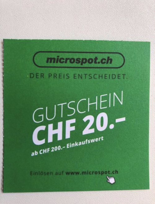 Microspot Gutschein 20.-Fr ab. 200.-Fr einkauf