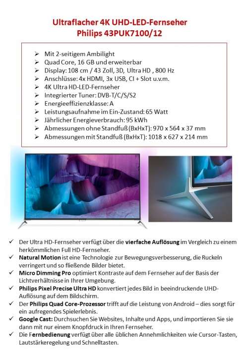 Ultraflacher 4K UHD-LED-Fernseher Philips 43PUK7100/12