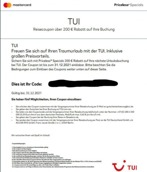 5x 200 Euro TUI Gutscheine