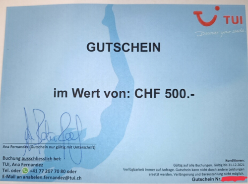 Gutschein im Wert von 500 CHF für TUI Reisen ohne Mindestbuchwert