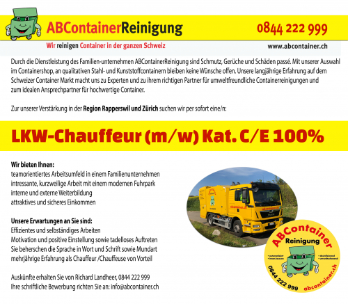Zürich-Rapperswil: LKW-CHAUFFEUR Kat. C/E 100% per Sofort gesucht