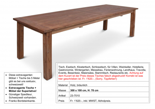 Tisch, massiv Holz, 300 x 100 cm, H: 78 cm rechteckig 