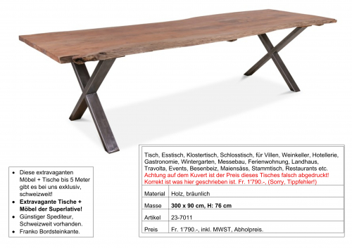 Tisch, massiv Holz, mit Metall Fuss 300 x 90 cm, H: 76 cm  