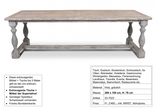 Tisch, massiv Holz,  Fusssteg gedrechselte Beine, 260 x 100 cm 