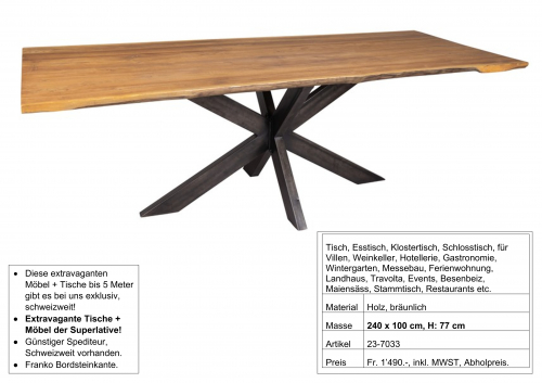 Tisch, massiv Holz, mit zentralem Metall Fuss, 240  x 100 cm
