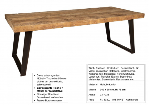 Tisch, massiv Holz, mit Metall Bügel Füssen, 240 x 95 cm