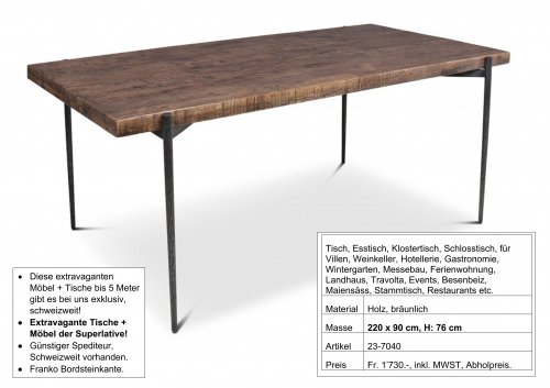 Tisch, Holz Metall Untergestell  filigran, 220 x 90 cm,