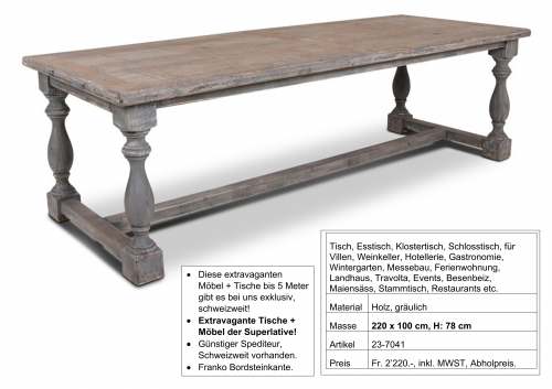 Tisch, massiv Holz, Fusssteg + gedrechselten Beinen, 220 x 100 cm