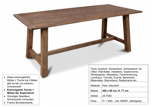 Tisch, massiv Holz, mit Fusssteg, 200 x 90 cm