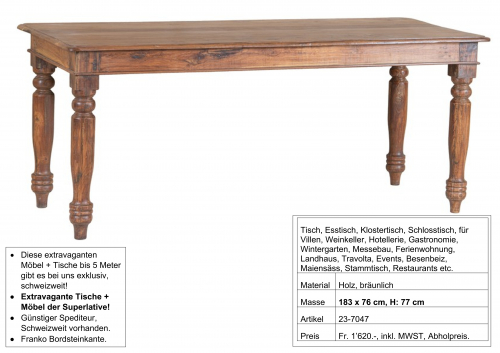 Tisch, Holz, mit gedrechselten Beinen, 183 x 76 cm, H: 77 cm