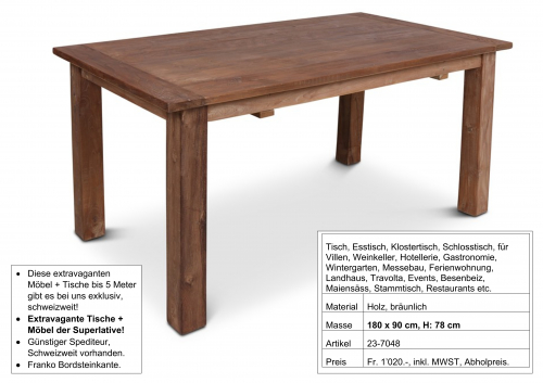 Tisch, massiv Holz, 180 x 90 cm, H: 78 cm rechteckig