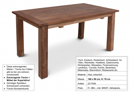 Tisch, massiv Holz, 160 x 90 cm, H: 78 cm rechteckig