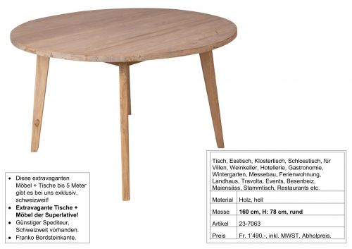 Tisch, Holz, massiv rund, hell, Durchmesser 160 cm, H: 78 cm
