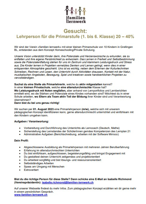  Lehrperson 20-40% in Grellingen BL