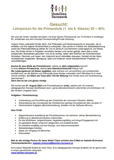 Lehrperson 20-40% in Grellingen BL