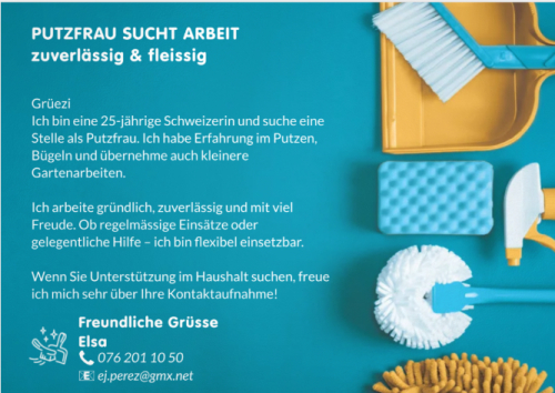 PUTZFRAU SUCHT ARBEIT, ZUVERLÄSSIG UND FLEISSIG